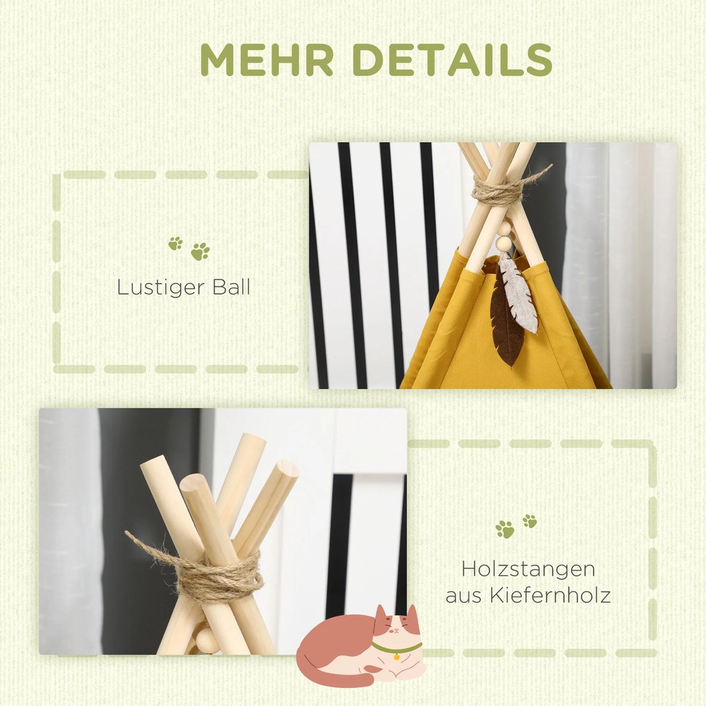 PawHut Namiot Tipi dla Kotów Łóżko w Stylu Żółtym Domek dla Zwierząt | Aosom PL