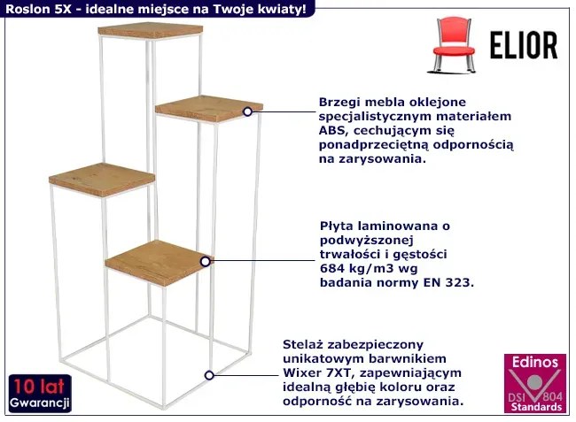 Stojak na kwiaty z metalowym stelażem biały + dąb lancelot - Roslon 5X