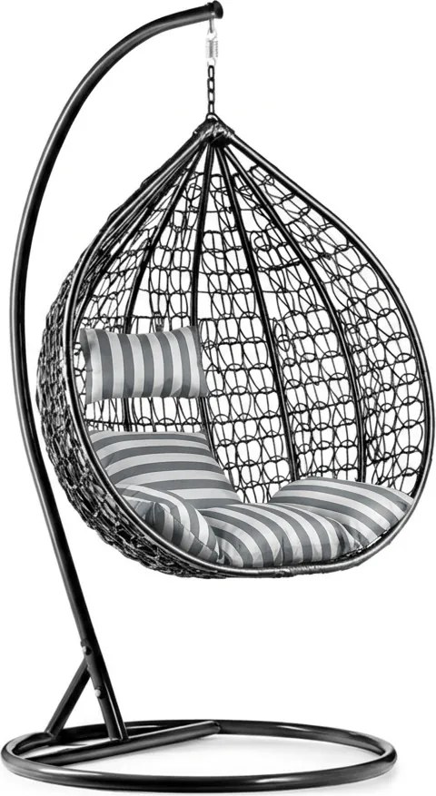 Czarne wiszące krzesło KOKON ze stojakiem, biało-szara poduszka