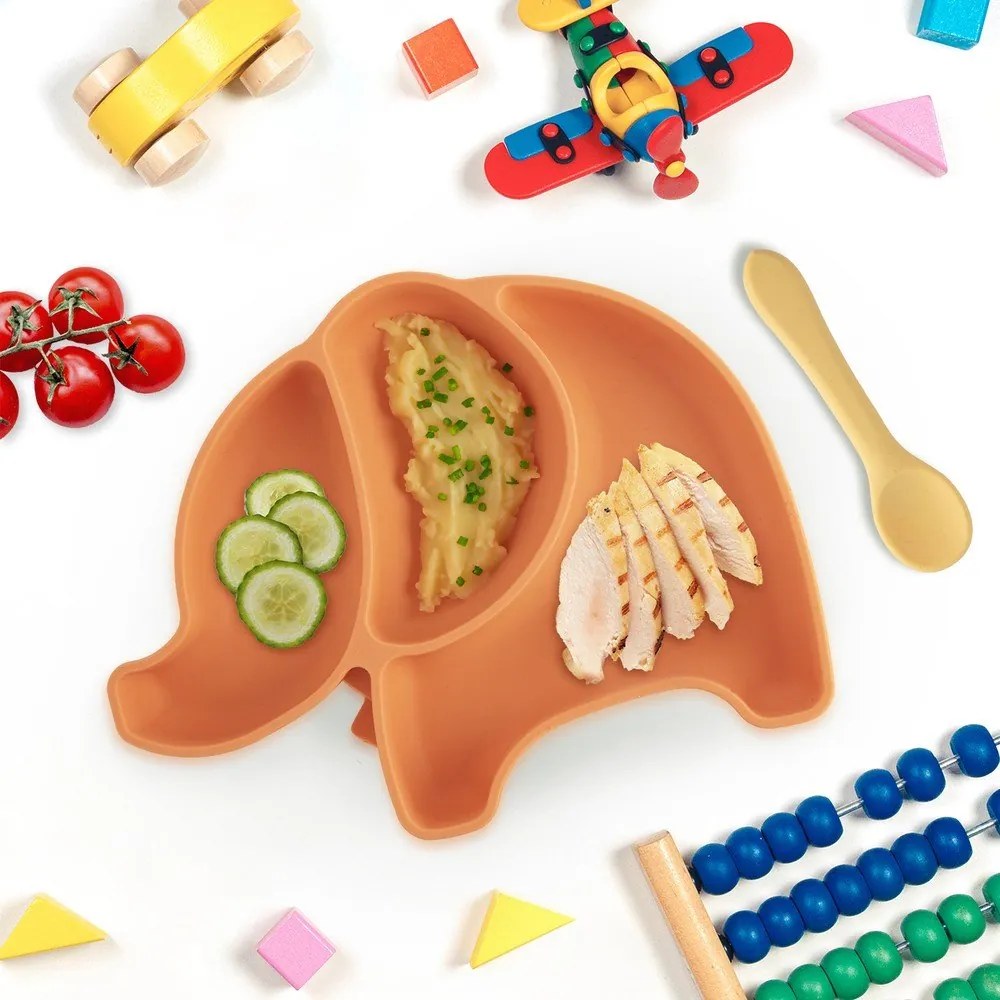 Pomarańczowy silikonowy talerz dla dzieci 18x23 cm Elephant – Orion