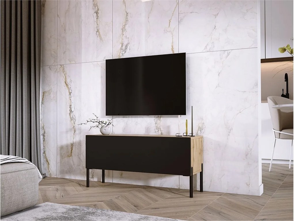 Szafka RTV: Dąb Wotan / Czarny Mat, nogi czarne, 100 x 52 x 32 cm