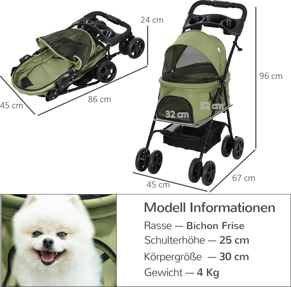 Outsunny Wózek dla Zwierząt Składany Ciemnozielony do 20kg | Aosom PL