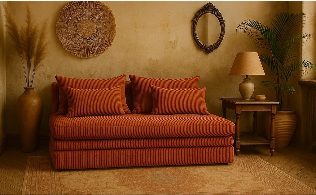 Sofa z funkcją spania i pojemnikiem NELIA, tkanina Poso, Miedziany