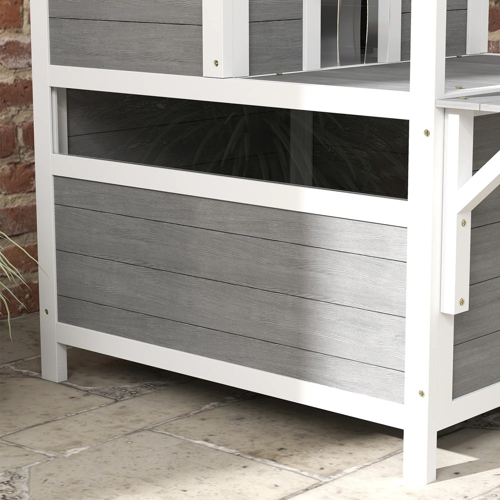 PawHut 2-poziomowa Kocia Chatka z Balkonem, Kocia Chatka Odporna na Warunki Pogodowe, Ochrona przed Deszczem i Słońcem, Do Użycia Wewnętrznego i Zewnętrznego, Jasnoszary