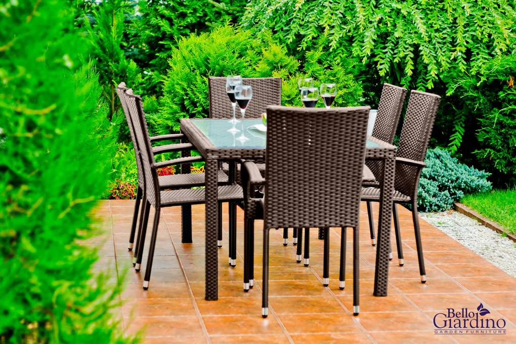 Technorattanowy zestaw obiadowy (6 x fotel + stół 150x90) AVVICENTE brąz