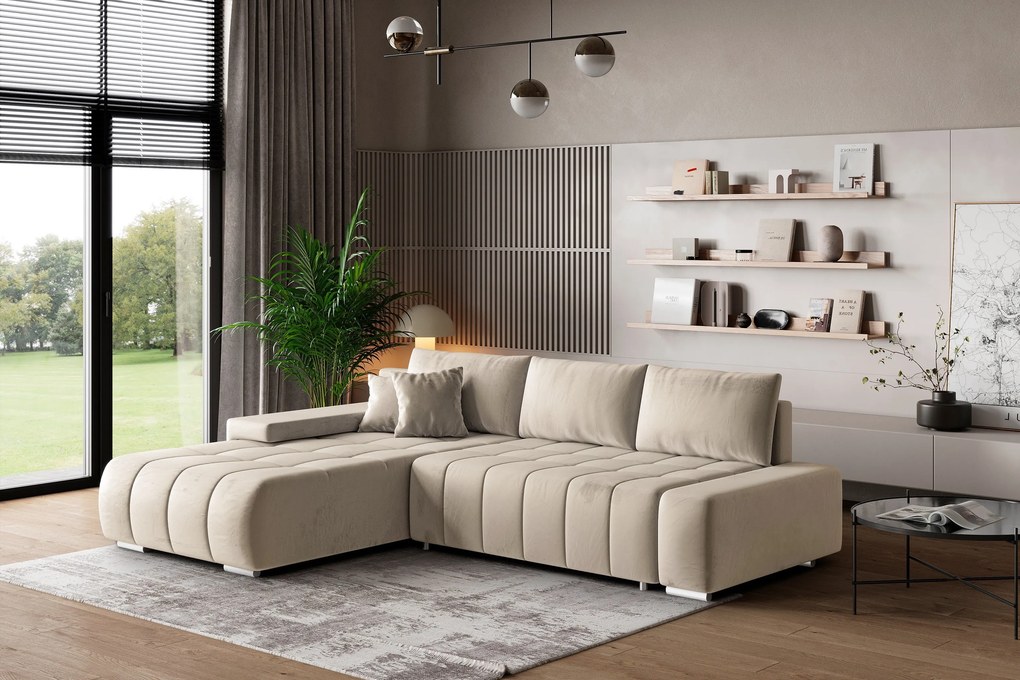 Masseno Narożnik ALESE z funkcją spania i pojemnikiem na pościel Narozniki L, Rozkładana sofa - Kremowy, MONOLITH 02