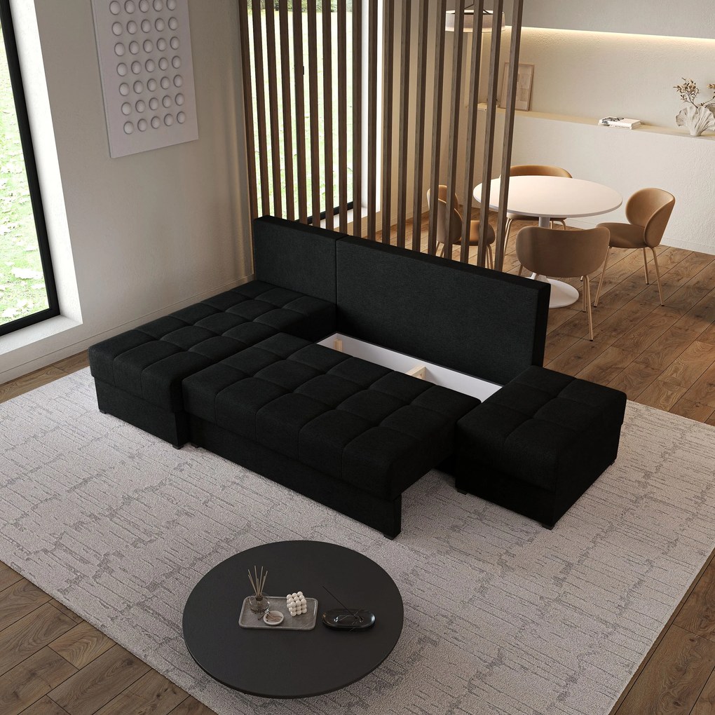 Masseno Narożnik NORVI z funkcją spania i pojemnikiem na pościel Narozniki L, Rozkładana sofa - Czarny, NEVE 100