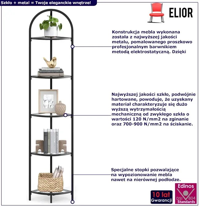 Czarny wąski szklany regał narożny Miwo