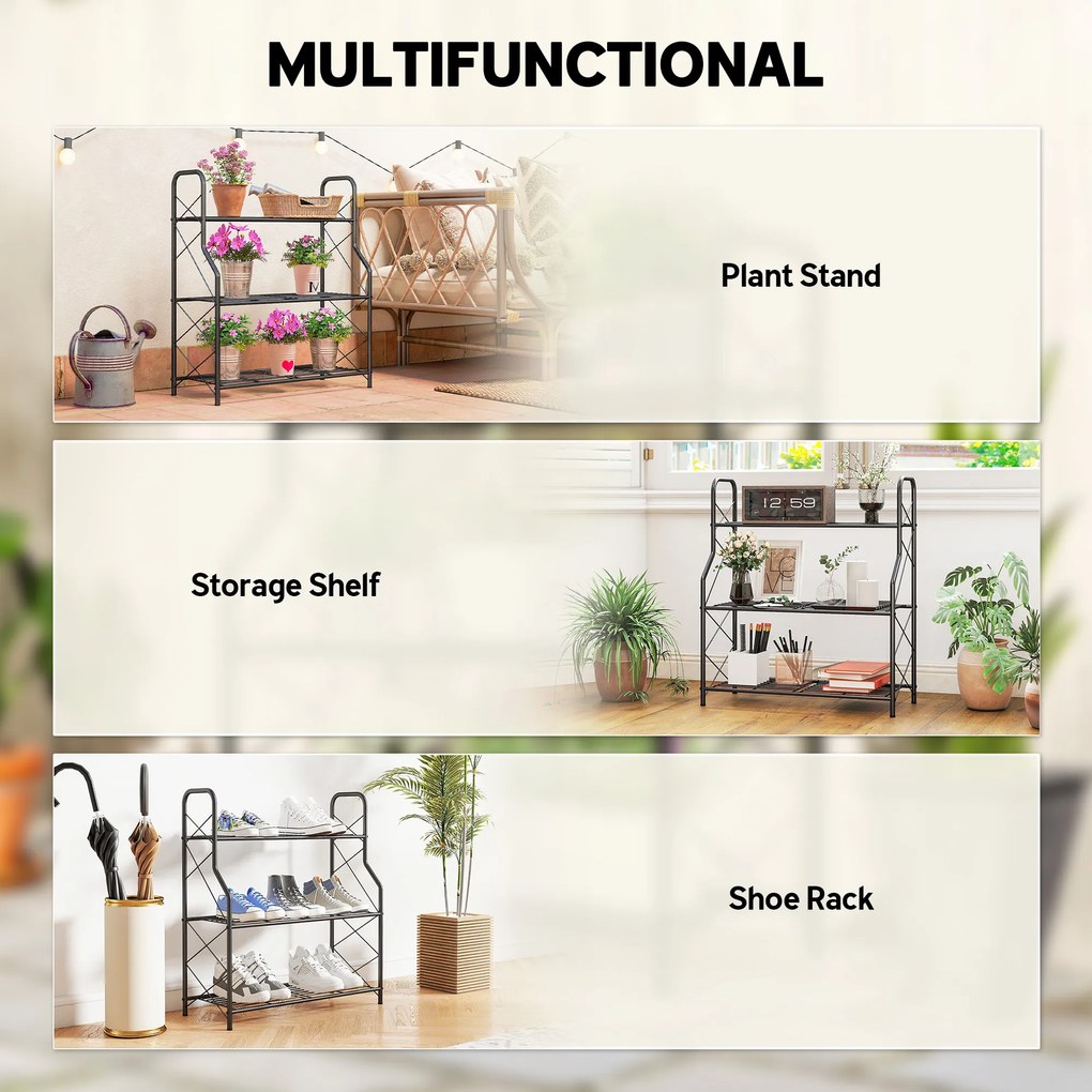 Outsunny 3-poziomowy stojak na rośliny, 78 cm wysoki stojak na kwiaty z uchwytami, metalowy regał na rośliny, czarny | Aosom PL