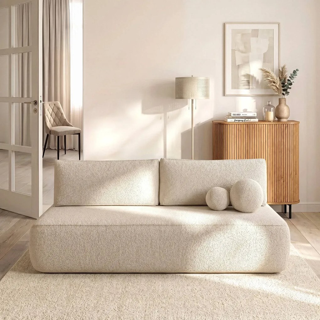 Beżowa skandynawska sofa rozkładana boucle R6-H26