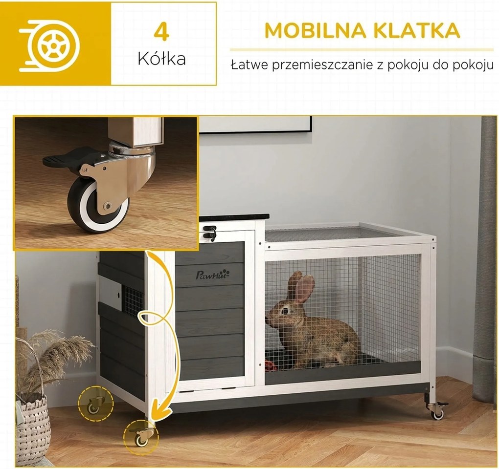 Drewniana klatka dla królików PawHut z wybiegiem i kółkami, otwieranym dachem, dla użytku zewnętrznego i wewnętrznego 92 x 52 x 67 cm, Ciemnoszara