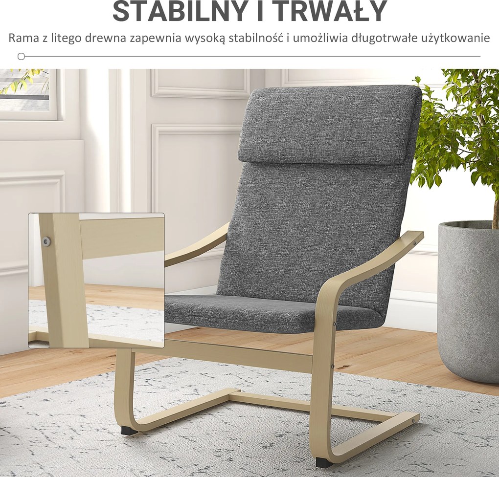 HOMCOM Fotel Relaksacyjny Szary Lniany Pokrycie z Drewnianym Stelażem Komfortowe Siedzisko z Podłokietnikami | Aosom PL