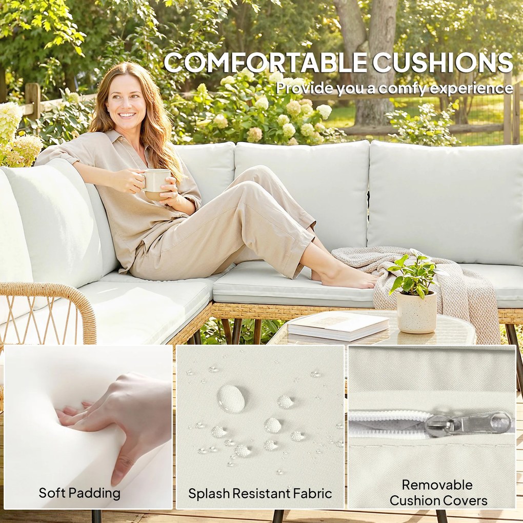 Outsunny 4-częściowy zestaw mebli ogrodowych z rattanu, zestaw z narożnikiem, sofą dwuosobową i stolikiem ze szkła, poduszki dla 5 osób | Aosom PL