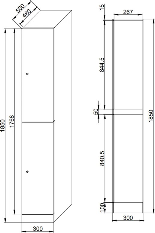 Szafka skrytkowa S1, 2 schowki, 1850 x 300 x 500 mm, zamek cylindryczny, drzwi laminowane, dąb naturalny
