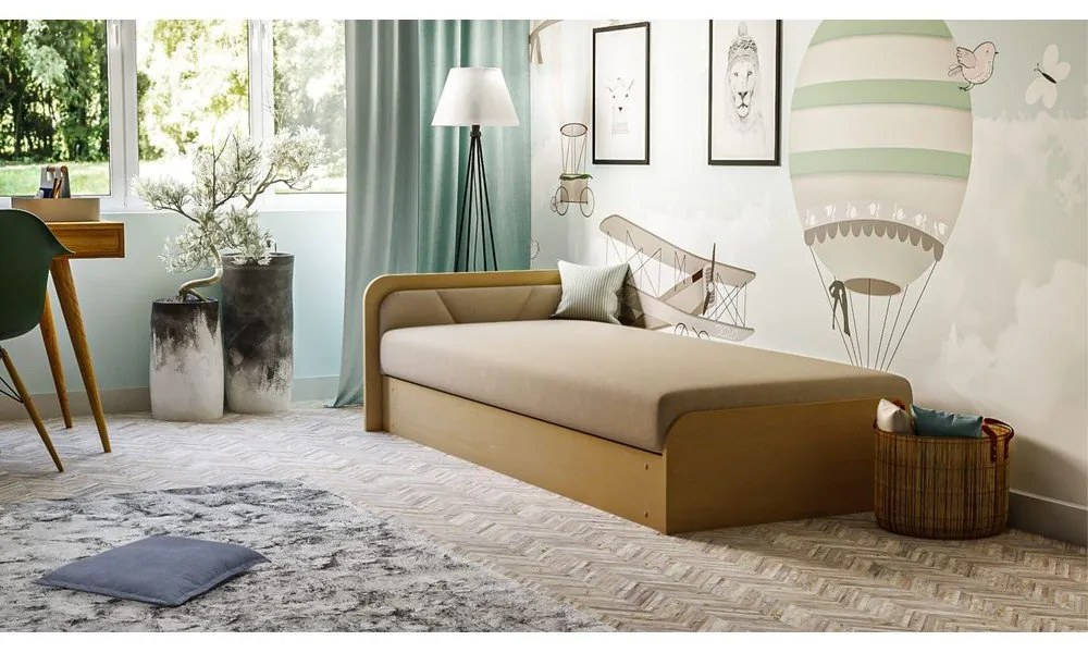 Tapicerowane/z płyty wiórowej łóżko jednoosobowe ze schowkiem z materacem 80x190 cm w kolorze ochry/beżowe Parys – ELTAP