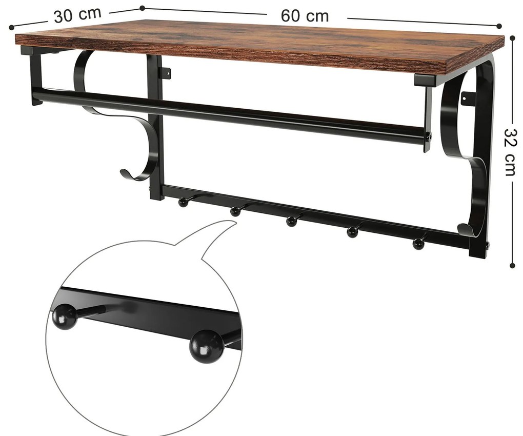 Wieszak ścienny HENRY, 60x30x32cm, czarna/brąz Vasagle