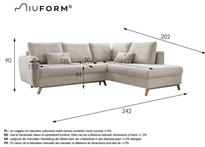 Turkusowy rozkładany narożnik Miuform Scandic Lagom L, prawostronny