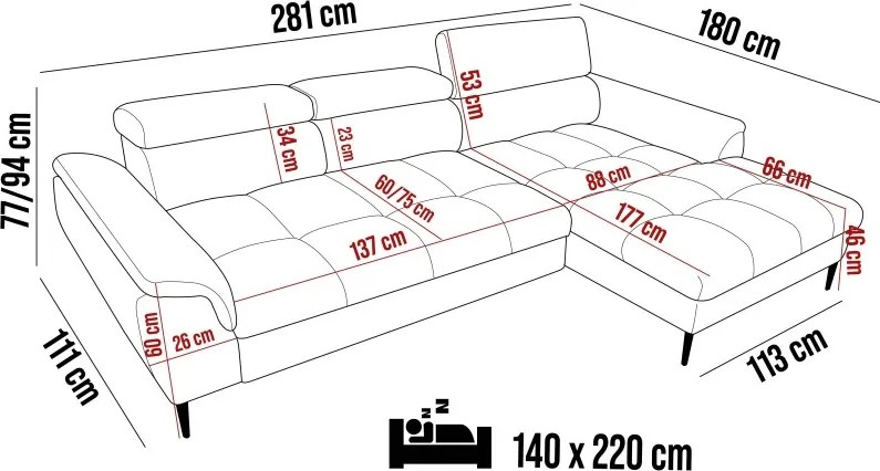 Narożnik EMPOLI L Prawostronny z funkcją spania Prawostronny w ktaninie ARAGON 39 WERSAL