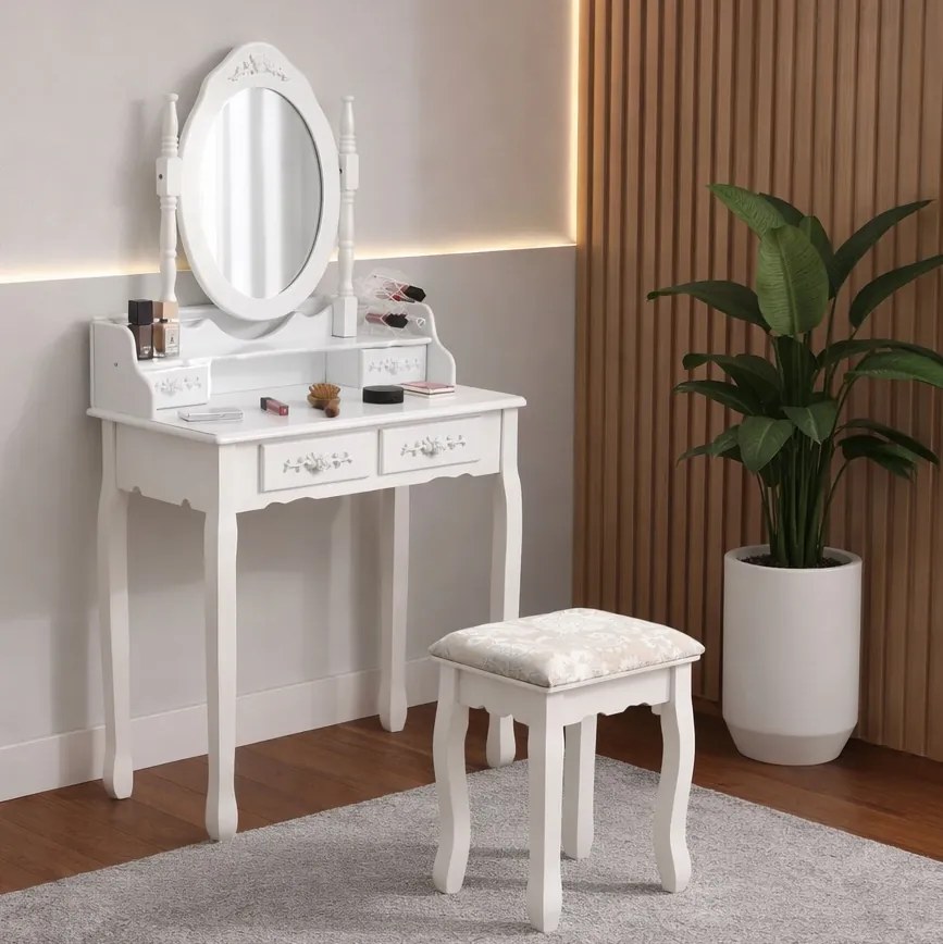 Toaletka retro z lustrem i taboretem Noemi DT04, kolor biały