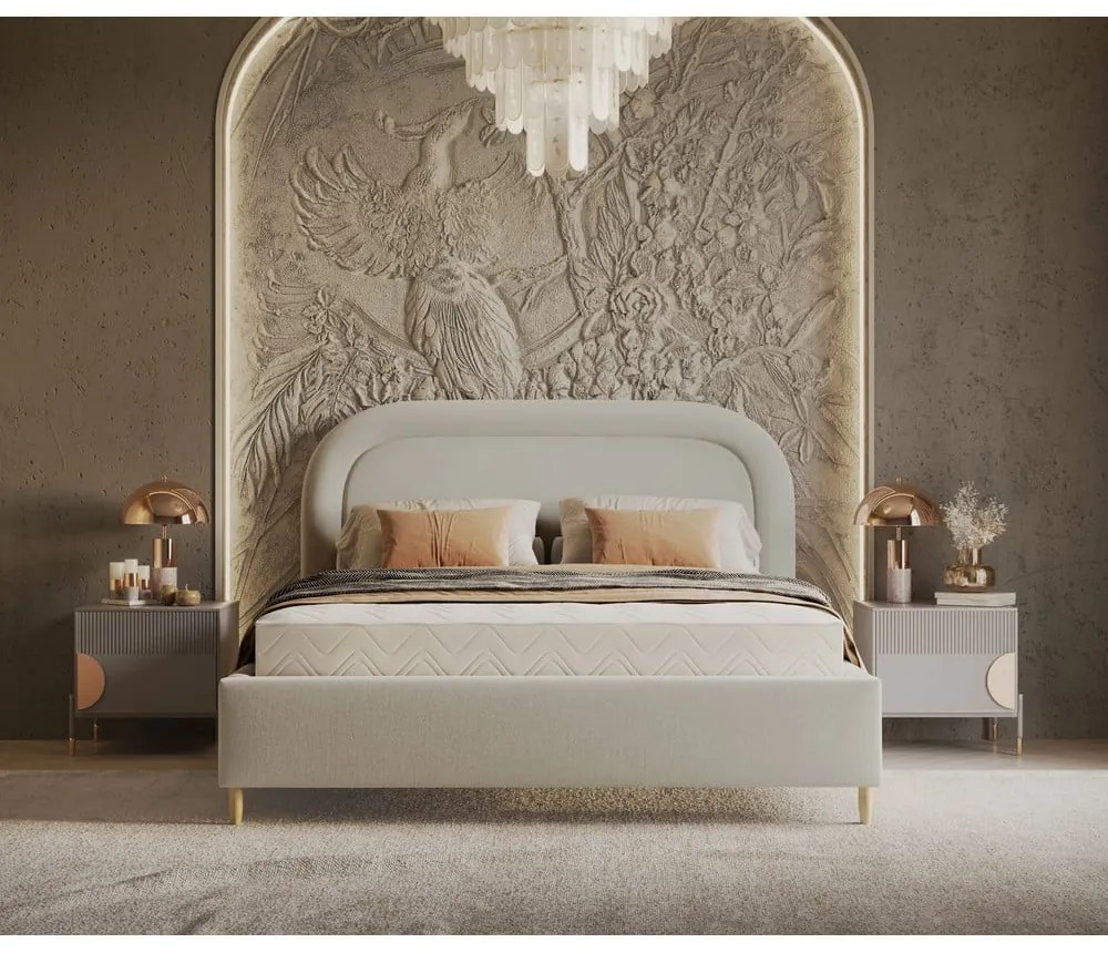 Kremowe tapicerowane łóżko dwuosobowe ze schowkiem i stelażem 160x200 cm Mija – Maison de Rêve