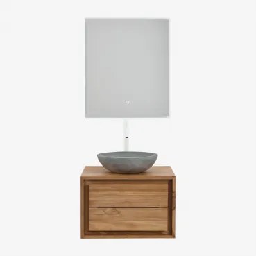 Zestaw Wiszących Mebli Łazienkowych Z Drewna Tekowego Jabari Drewno Tekowe & Okrągły Szary Cement Ø40 Cm - Sklum