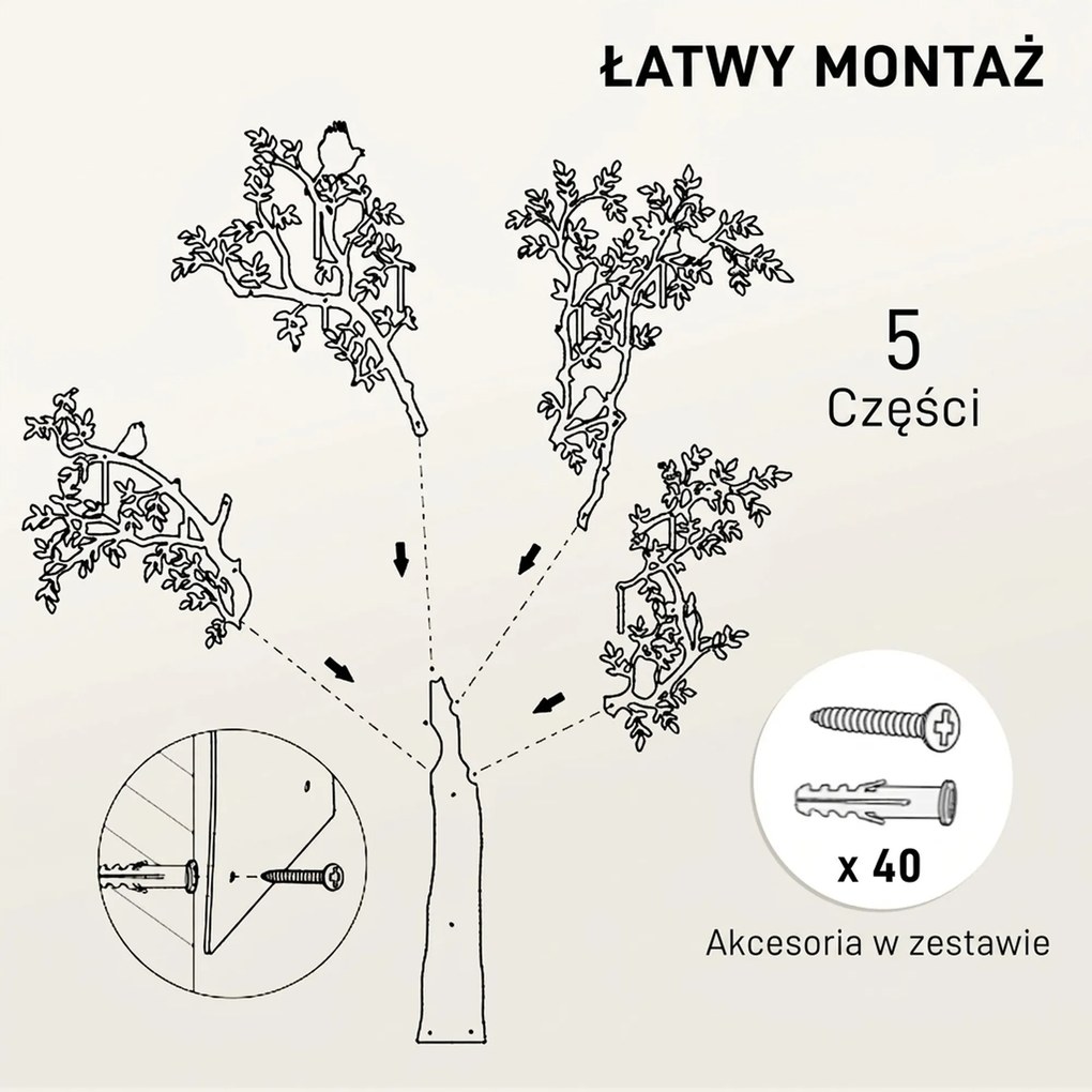 HOMCOM Wieszak ścienny, Montowany na ścianie haczyk na ubrania, Design drzewa z ptakami, Czarny