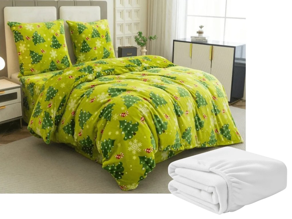 PrzytulneMieszkanie.pl PrzytulneMieszkanie.pl PrzytulneMieszkanie.pl Zestaw pościeli z mikropluszu CHRISTMAS TREE zielony + prześcieradło z mikropluszu SOFT 180x200 cm białe, podwójne łóżko