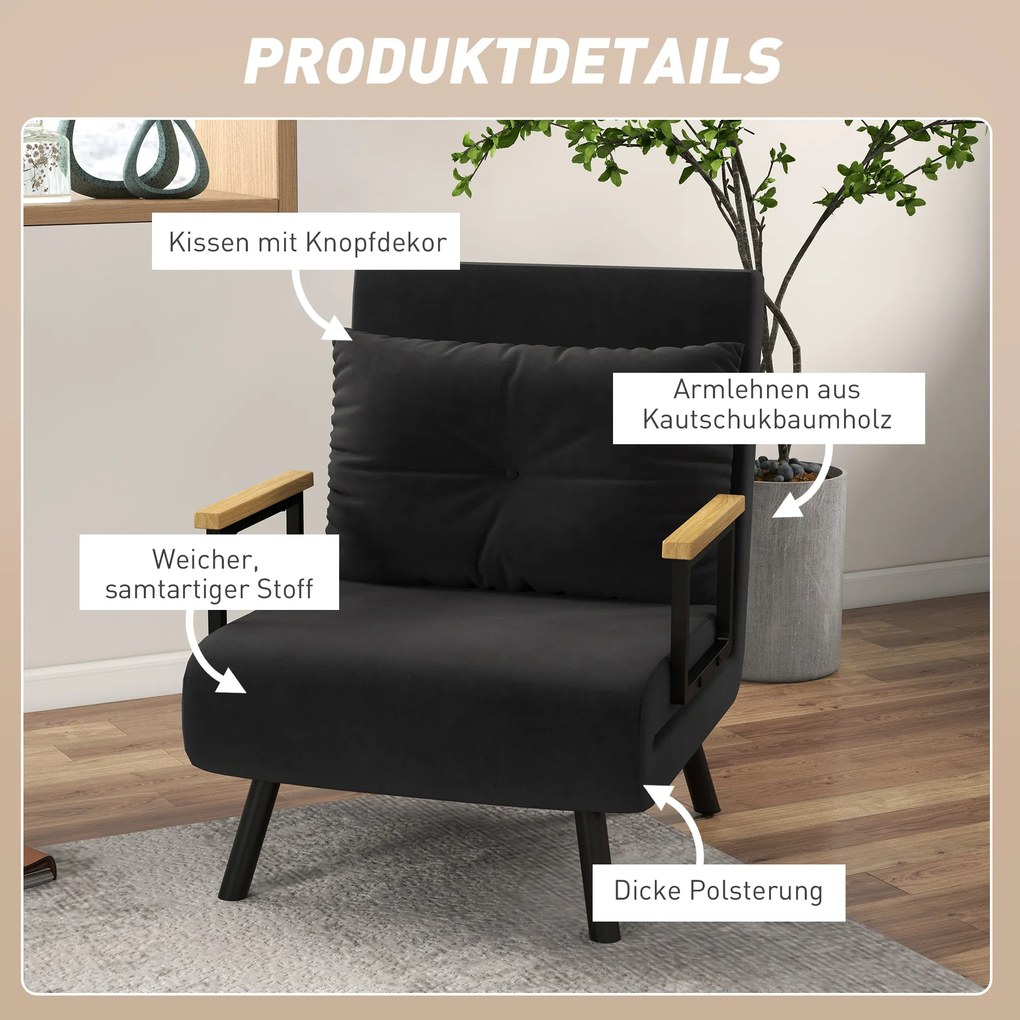 HOMCOM Fotel relaksacyjny w skandynawskim stylu, fotel leżankowy, fotel do czytania. W zestawie poduszka z pikowaniem guzikowym, czarny | Aosom PL