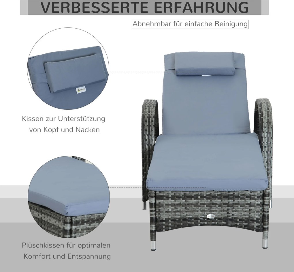 Outsunny leżak ogrodowy, leżak rattanowy, leżak do opalania, rattan polietylenowy+metal, kolor szary, 200x73x30-103cm