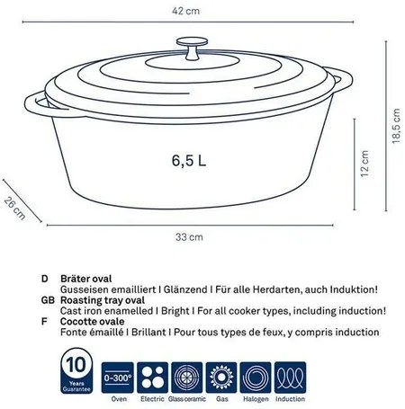 Kela Owalna brytfanna żeliwna z pokrywką CALIDO, jasnoszary, 35 x 26 cm