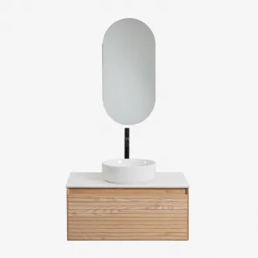 Zestaw Wiszących Mebli Łazienkowych Z Drewna Jesionowego Tedrik Popielaty Brąz & Okrągły Ceramiczny Biały Ø40 Cm - Sklum