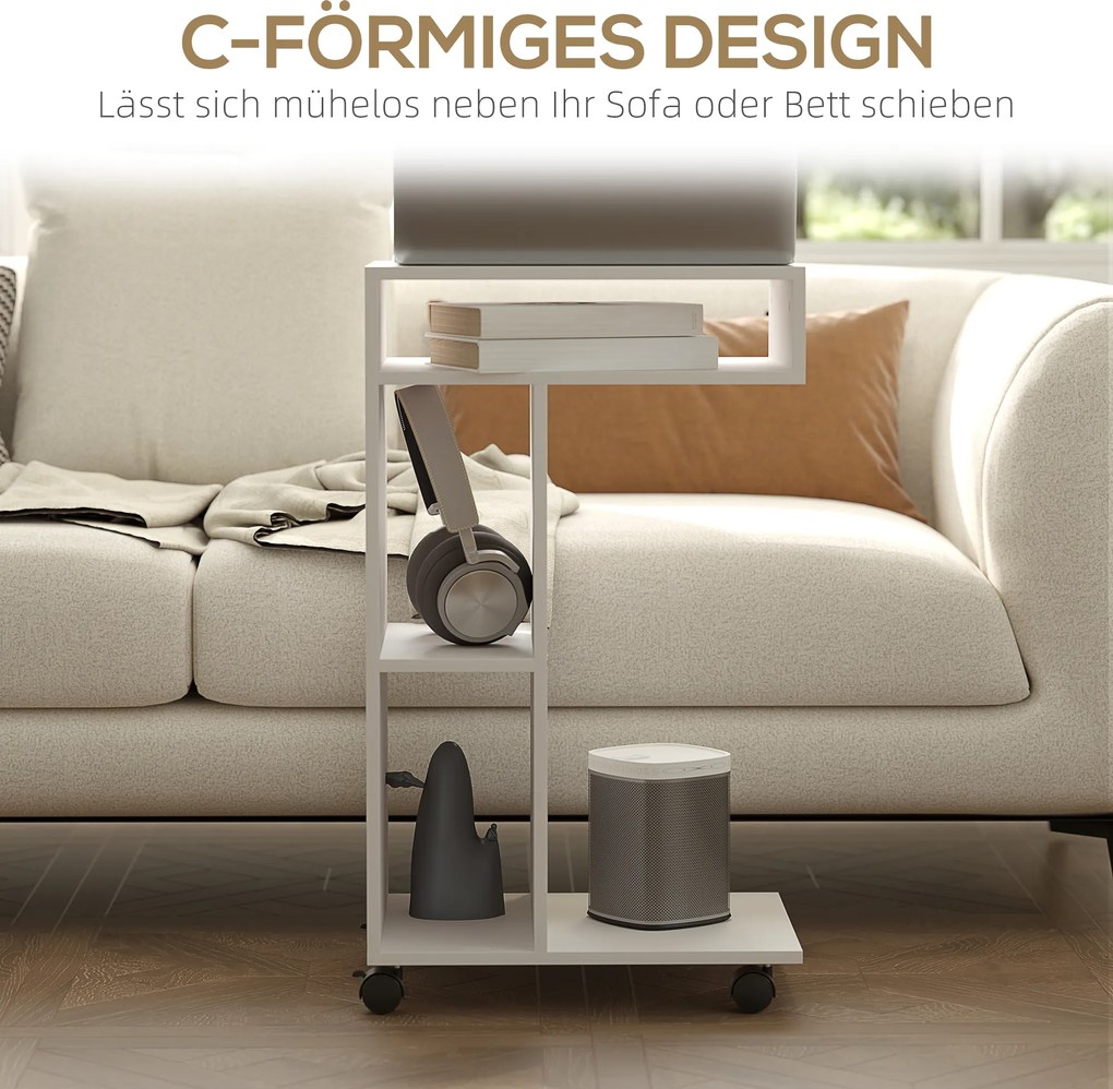 HOMCOM Stolik pomocniczy, wózek serwisowy w kształcie litery C, 4 kółka, 3 komory, 40 x 30 x 69 cm, Biały