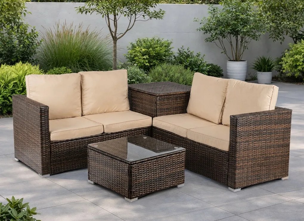 Zestaw mebli ogrodowych Savero, narożnik modułowy ze skrzynią, brązowy technorattan, poduszki beż