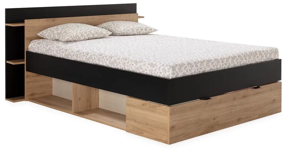 Czarno-naturalne łóżko dwuosobowe w dekorze dębu ze schowkiem bez stelaża 140x190 cm Albo – Marckeric
