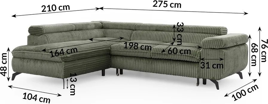 Zielony sztruksowy narożnik (lewostronny/w kształcie litery L) Marbeya – Ropez