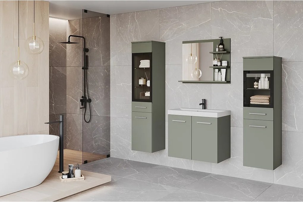 Komplet łazienkowy z LED, wiszące meble z umywalką, 2 słupki i lustro z półkami, mglista zieleń