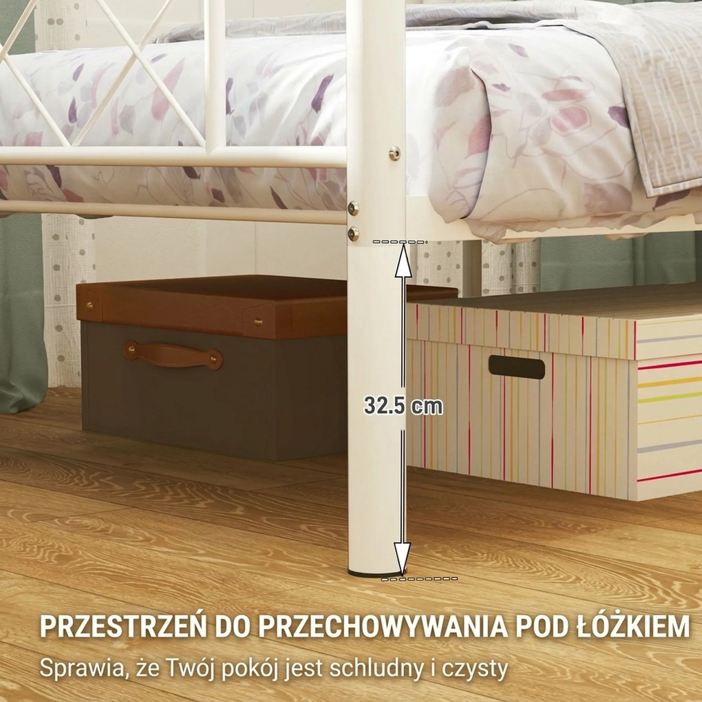 HOMCOM Jednoosobowe Łóżko z Wysokim Zagłówkiem, Łatwy Montaż, Przestrzeń Do Przechowywania pod Łóżkiem, Stal, Białe