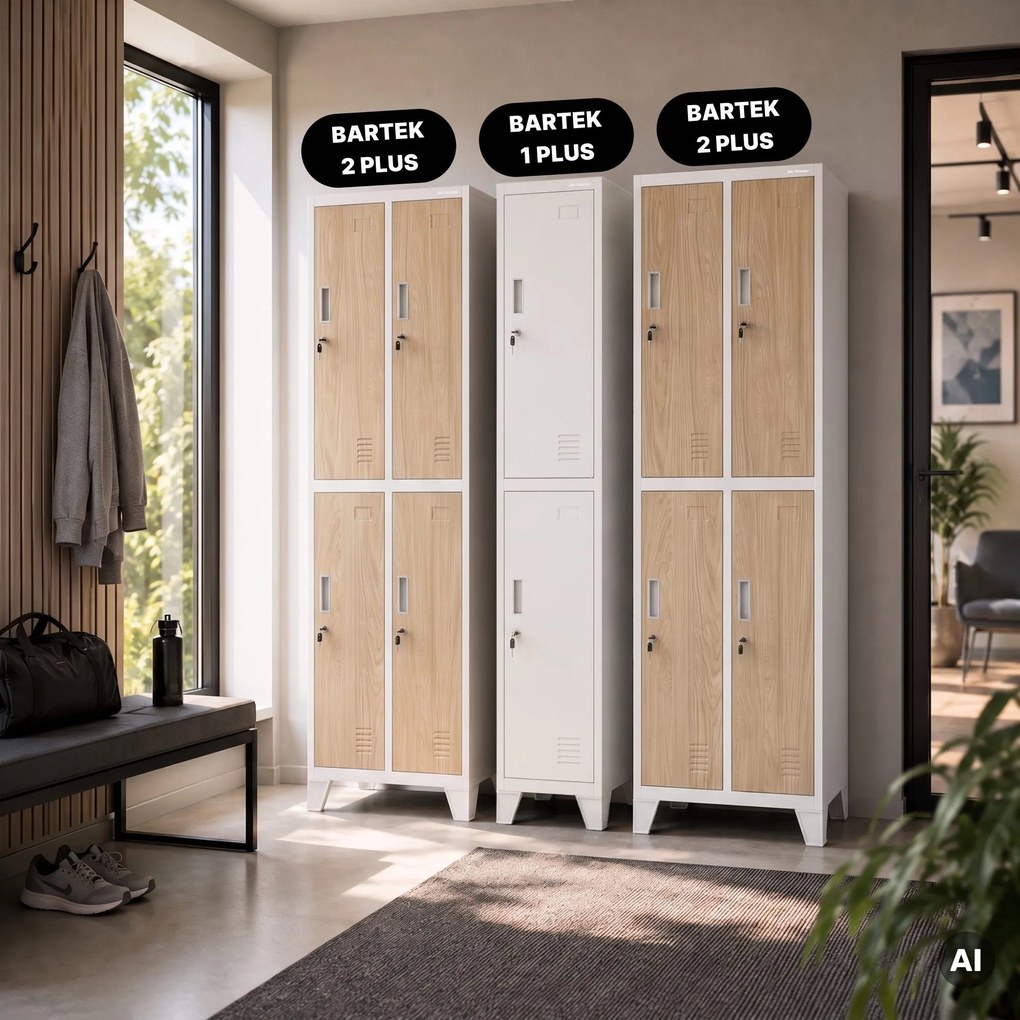 Szafka ubraniowa metalowa pracownicza głęboka 2-drzwiowa biała, 292x1720x600 mm: BARTEK 1 Plus D600