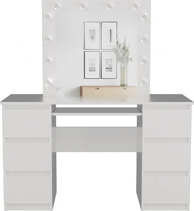 Toaletka| Biurko KUBA | Lustro LED Marina | Biała| 130x51x146 cm | 6 szuflad | Elegancka