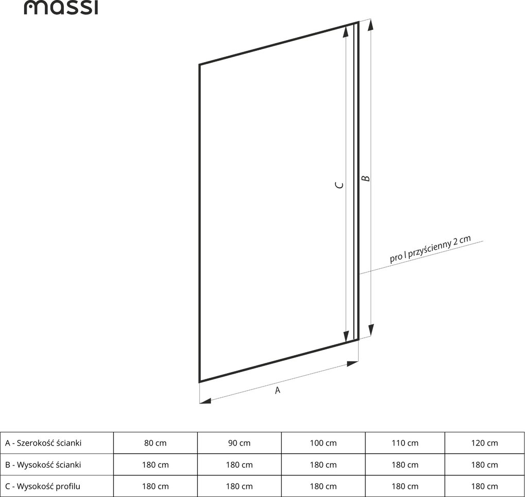 Ścianka prysznicowa Walk In MOLIS HALF Classic Clear szkło transparentne | Różne rozmiary : Kolor profili kabiny - chrom / srebrny, Rozmiar - 80 x 180 cm
