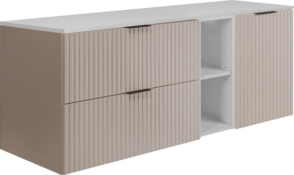 Zestaw łazienkowy: szafka z szufladami, szafka z drzwiami i regał 57×46×140 cm, kolor: biały / Kaszmir, uchwyt czarny