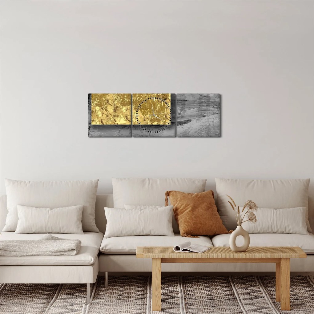 Obraz - Złote kwadraty N⁰2 (z zegarem) (90x30 cm)