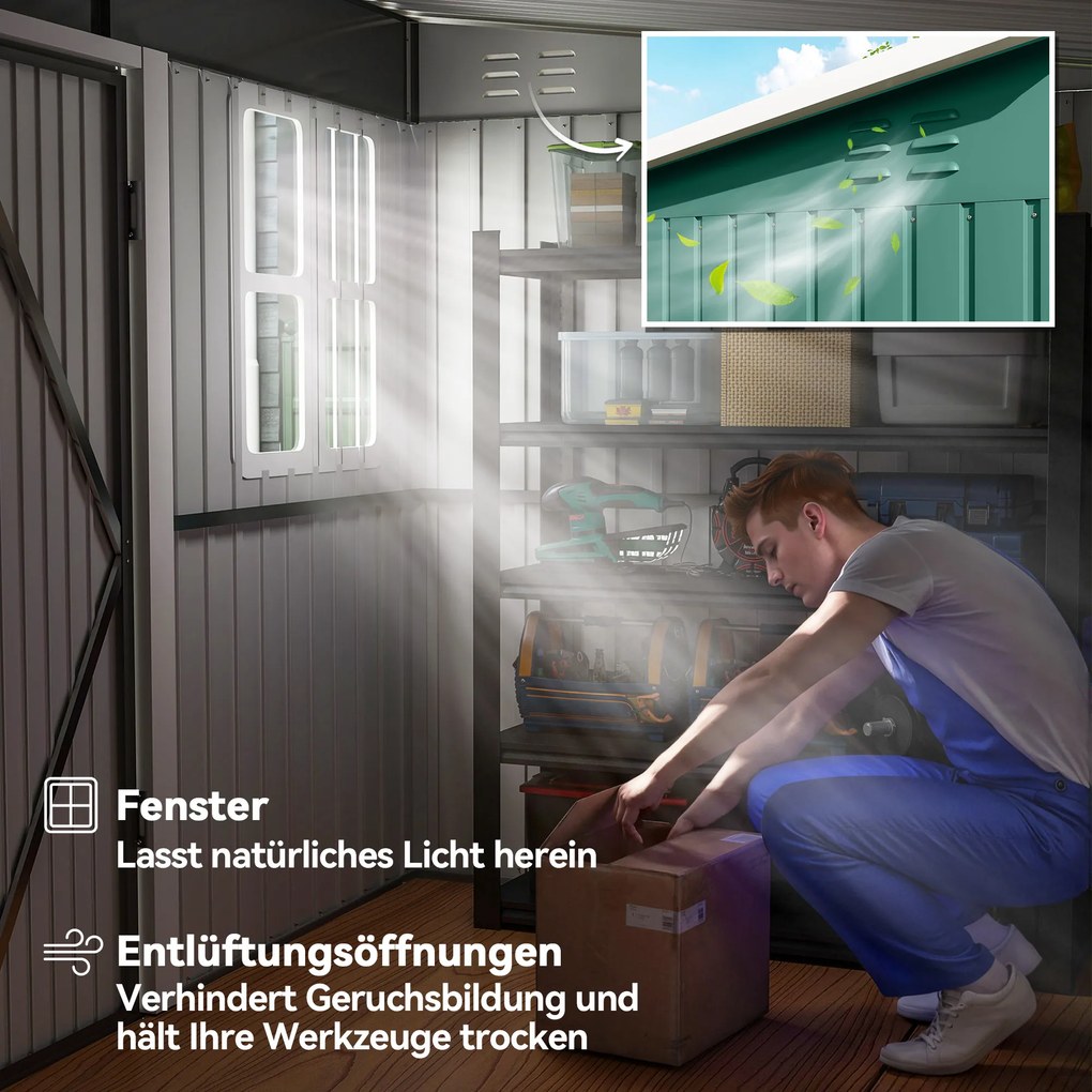 Outsunny Metalowy schowek do przechowywania narzędzi ogrodowych, z oknem, szerokie drzwi, 260 x 177 x 190 cm, zielony | Aosom PL