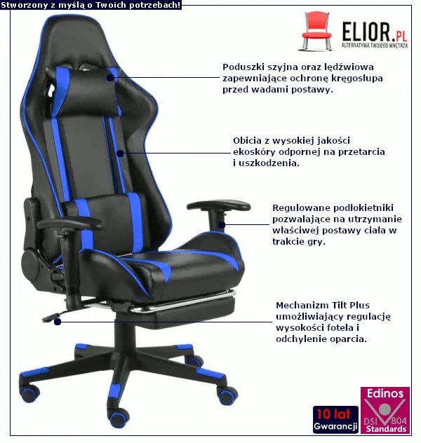 Niebiesko-czarny obrotowy fotel do gier z podnóżkiem - Epic Egra