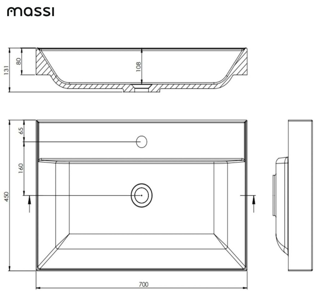Umywalka z konglomeratu blatowa prostokątna biała NAVI | Różne rozmiary | Z otworem na baterię lub bez : Otwór na baterię - Bez otworów, Rozmiar - 70 x 45 cm