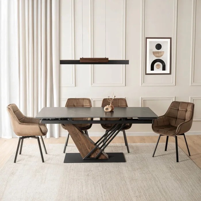 Stół Rozkładany Prostokątny REX 2 180-240 cm Ceramiczny Czarny Marmur/Orzech do Jadalni Nowoczesny Loft