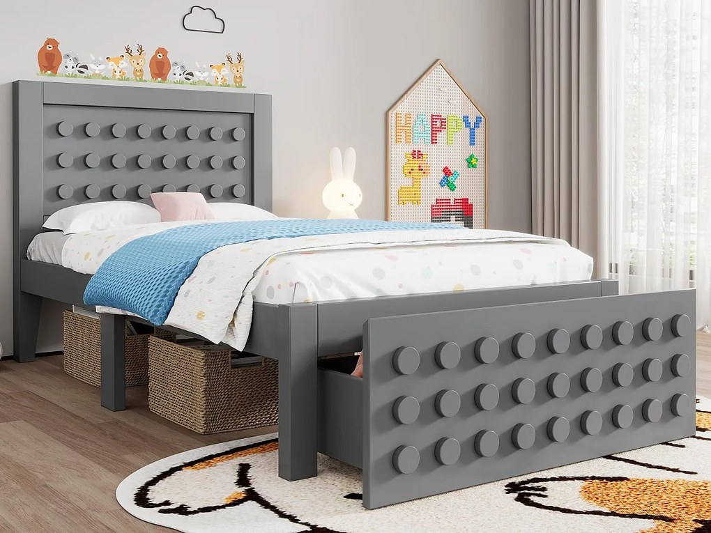 Łóżko dziecięce 90x200 cm - z szufladami i schowkiem pod łóżkiem - ze stelażem listwowym - MDF - Szare (bez materaca)