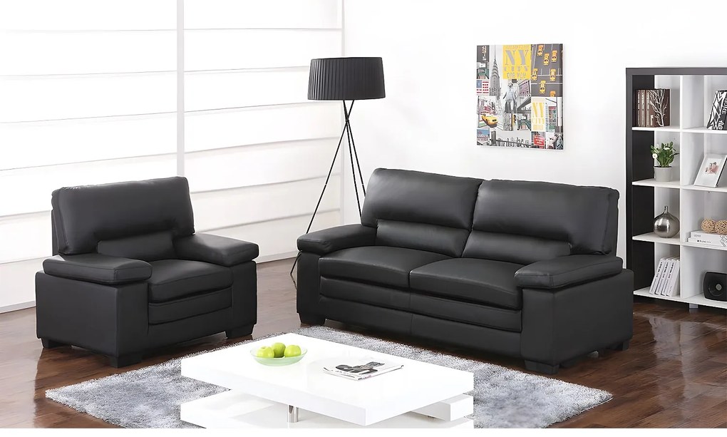 Komplet wypoczynkowy 3+1 z czarnej skóry bawolej MIMAS