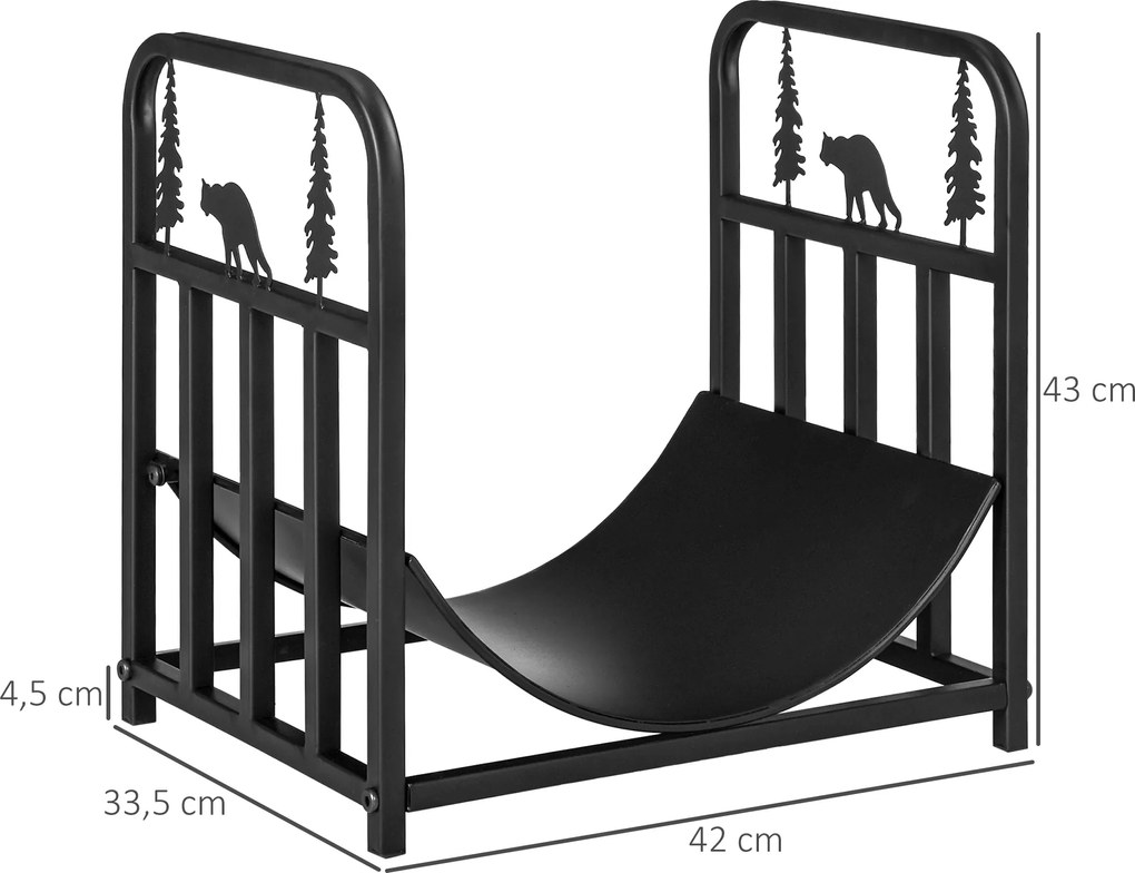 Outsunny Regał na Drewno, Sceneria z Drzewem i Niedźwiedziem, Metalowa Konstrukcja, Podniesiona Płaszczyzna, 42x33,5x43 cm, Czarny