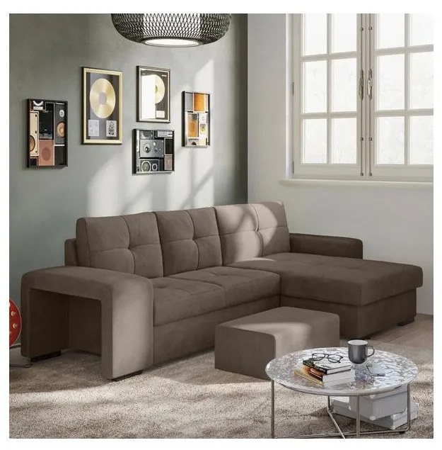 Rozkładana sofa z pojemnikiem i pufem PALERMO, brązowa, prawostronna